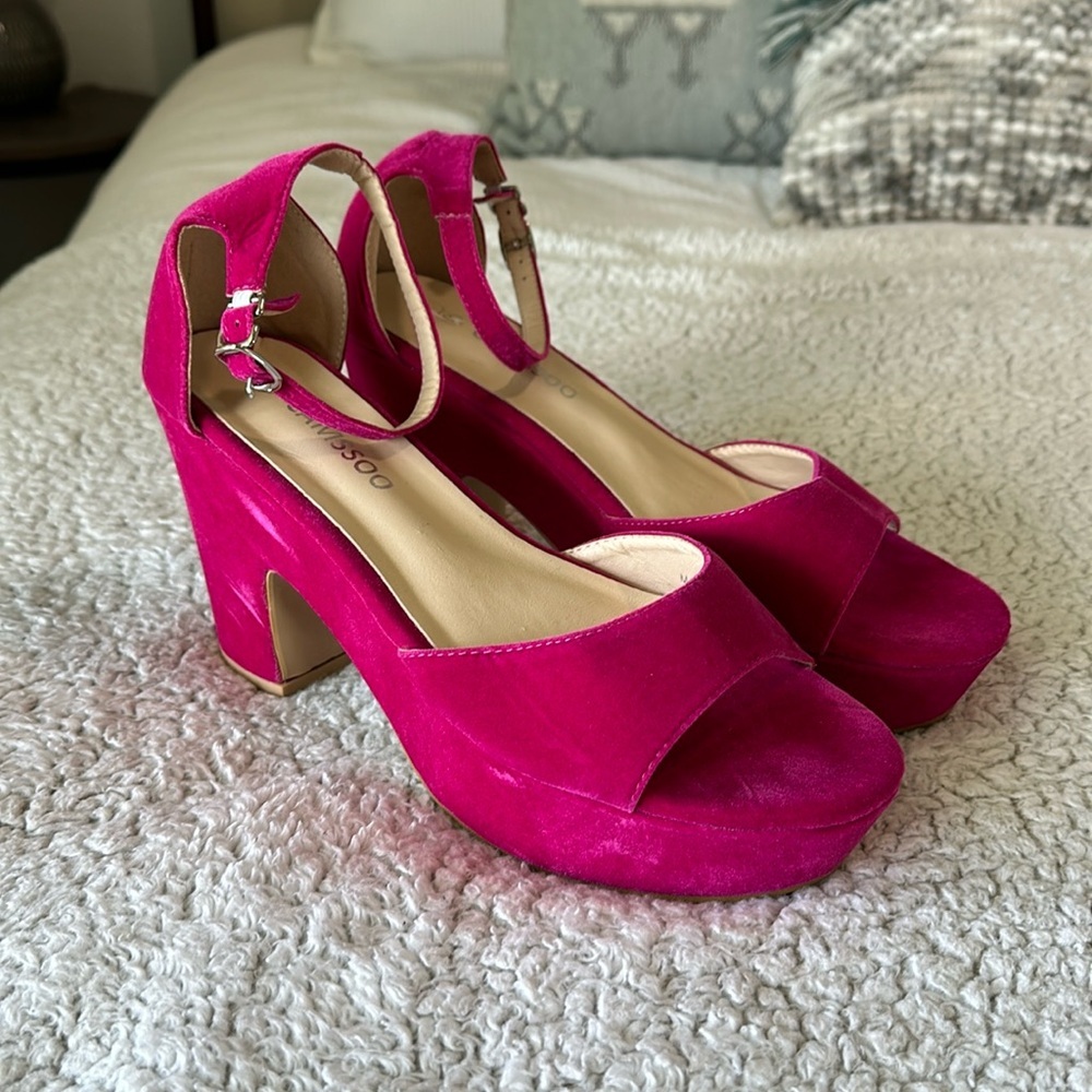 Camssoo Women's 43 Block Heel Faux Suede Heels Hot Pink Strappy Ankle Barbiecore